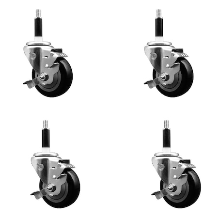 Service Caster 3.5'' SS Black Poly Swivel 7/8'' Expanding Stem Caster Set with Brake, 4PK SCC-SSEX20S3514-PPUB-BLK-TLB-78-4